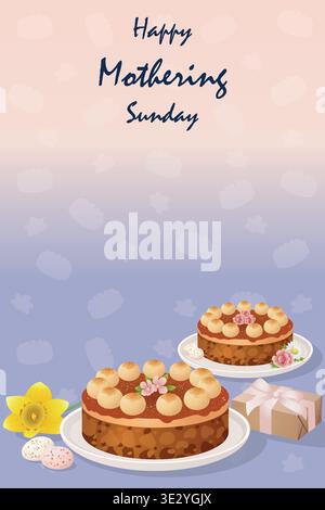 Zwei simnel Kuchen mit Narzissen und Geschenkbox für Muttersonntag, elegante Vektorillustration auf Lavendelverlauf, vertikal Stock Vektor