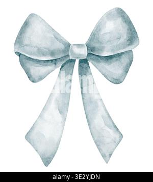 Illustration der Schleife mit blauem pastellfarbenem Band, geknüpftem Knoten und weicher Stoffstruktur. Vintage-Accessoire auf isoliertem Hintergrund für Babyduscheinladungen oder Grußkarten. Kunst für Partydesign. Stockfoto