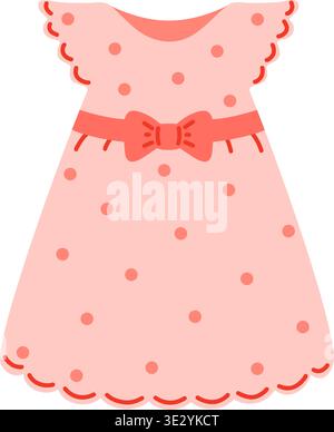 Rosafarbenes Kleid für Mädchen mit Polka Dot und Schleife und Muschelrand, flache Zeichentrickillustration auf weißem Hintergrund Stock Vektor