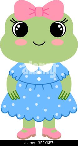 Froschmädchen-Zeichentrickfigur trägt ein blaues Kleid mit Punktmuster und eine rosa Haarschleife isoliert auf weißem Hintergrund. Stock Vektor