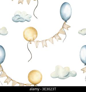 Nahtloses Muster mit Ballons, Wolken und Girlanden mit Fahnen. Aquarell handgezeichnete Illustration von festlichen Dekorationen für Kinder Tapeten und Stockfoto