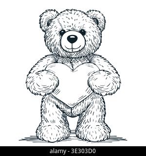 Bär Spielzeug mit Herz in den Pfoten Vektor Hand gezeichnete Skizze Illustration. Niedlicher, weicher Spielzeugcharakter. Modeschmuck, Grußkarten oder Poster-Design-Element Stock Vektor