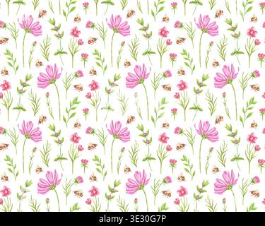 Nahtloses Aquarellmuster mit rosa Blumen, Wiesenkräutern und Bienen. Botanisches Muster mit Blumenelementen für Dekoration und Tapete. Frischer Sommerdruck für Hochzeitstextilien. Stockfoto