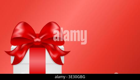Weiße Geschenkbox mit glänzender roter Seidenschleife auf rotem Hintergrund. Horizontale Vorlage. Weihnachtsgeschenk zu Weihnachten, Geburtstag oder Feiertagsfeier. Überraschungspaket für Shopping-Angebote. Stock Vektor