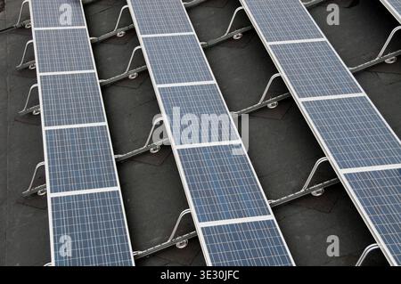 Dachsolarkollektoren, die in Reihen auf Flachdach für die Erzeugung erneuerbarer Energien installiert sind Stockfoto