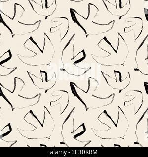 Nahtloses abstraktes Vogelmuster in Schwarz und weiß, handgezeichnete minimalistische Tierstruktur, modernes Grafikdesign Stockfoto