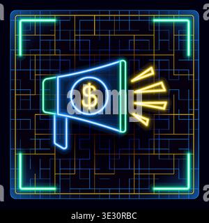 Megaphon-Neon-Symbol. Lautsprecher mit Dollarzeichen Vektor Illustration. Stock Vektor
