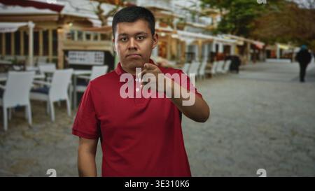 Junger hispanischer Mann im roten Polo mit dem Finger zum Tempel auf der Terrassenstraße des Restaurants im Freien; nachdenkliche Betrachtung. Stockfoto