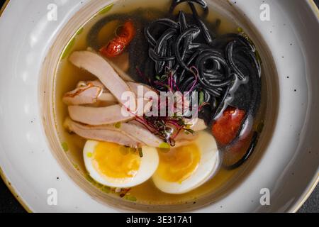 Hühnernudelsuppe. Currysuppe aus nächster Nähe japanisches Essen Chinesisches Gericht. Hühnersuppe mit truthahn und schwarzen Spaghetti. Stockfoto