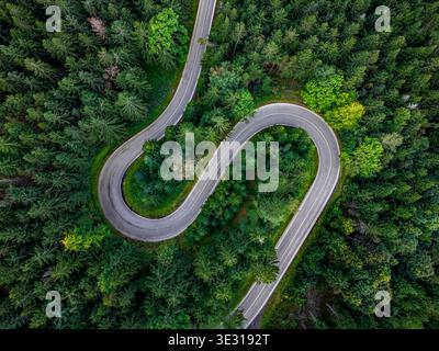 Von oben aus blickt man auf eine geschwungene Bergstraße mit scharfen Haarnadelkurven, umgeben von dichtem grünen Nadelwald in einer malerischen natürlichen Landschaft. Stockfoto