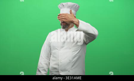 Mann Koch in weißer Uniform und Kochmütze mit Bart und Brille, Hand leicht angehoben im grünen Studio; ruhige Professionalität. Stockfoto