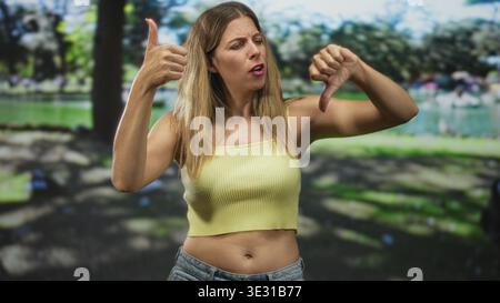 Frau in einem gelben, abgeschnittenen Tanktop zeigt die Daumen hoch und Daumen nach unten Gesten mit ausdrucksstarkem Gesicht in einem Studio-Set, das einem Park ähnelt; Unentschlossenheit Zweifel. Stockfoto