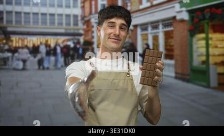 Junger Mann mit Schürze und Kunststoffhandschuhen reicht Hand und bietet Schokoladenriegel auf dem Straßenmarkt an; einladend. Stockfoto
