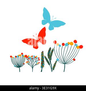 Schmetterling und Blumen einfache Zeichnung. Handgezeichnet. Nicht AI, Vektordarstellung. Stock Vektor