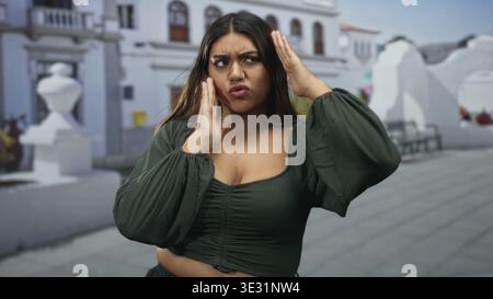 Frau hispanic in Übergröße, die Schläfen berührt und Haare putzt, während sie grüne Bluse und abgeschnittenes Oberteil auf der weißen Stuckstraße trägt; Kopfschmerzen. Stockfoto