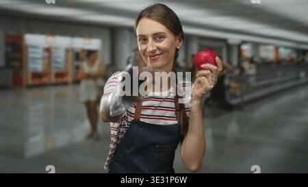 Frau, die roten Apfel hält, mit Handschuhen und Finger darauf im Flughafenterminal zeigt; frischer Snack fröhlich. Stockfoto