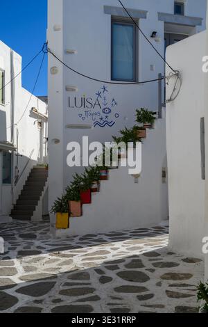 Weiß getünchtes Gebäude mit „Luisa“-Wandgemälde und farbenfrohen Topfpflanzen auf Stufen in Mykonos, Griechenland Stockfoto