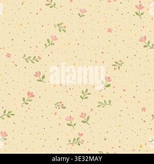Nahtloses Aquarellmuster mit kleinen rosa Blumen, grünen Blättern und bunten gesprenkelten Textur auf warmem pastellgelbem Hintergrund Stockfoto