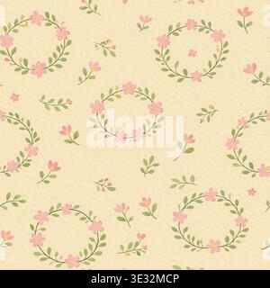 Nahtloses Aquarellmuster mit rosafarbenen Blumenkränzen und kleinen botanischen Elementen, die auf weichem, pastellgelbem strukturiertem Hintergrund verstreut sind Stockfoto
