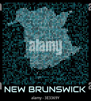 Digitale gepunktete Karte in New Brunswick, Kanada. Form der Provinz in Cyan-Farbpalette auf dunklem Hintergrund. Futuristisches Kartendesign in New Brunswick, Kanada. Stock Vektor