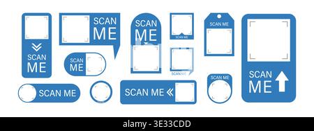 Scan-Me-Rahmen. Telefonkamera Scannen mit Barcode-Taste. Mobile Zahlung. Symbol für die Werkstattidentifikation. Leerer Aufkleber in der Einzelhandels-App. Illustration des abgewickelten Vektors Stock Vektor