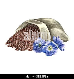 Leinsamen im Sackleinen und blaue Leinblumen. Handgezeichnete Aquarellillustration. Element des Etiketten- und Verpackungsdesigns sowie Banner und Poster Stockfoto