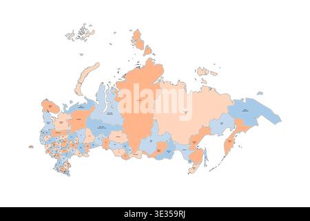 Russland politische Karte der administrativen Unterteilungen - Oblasten, Republiken, autonome Okrugs, Krais, autonome Oblast und zwei Bundesstädte Moskau und Sankt Petersburg. Farbenfrohe, handgezeichnete Karte im Doodle-Stil mit schwarzen Umrandungen und Namensschildern. Stock Vektor