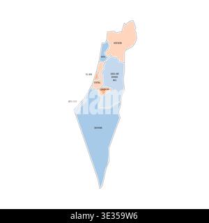 Israelische politische Karte der Verwaltungseinheiten - Bezirke, Gazastreifen und Judäa und Samaria. Farbenfrohe, handgezeichnete Karte im Doodle-Stil mit schwarzen Umrandungen und Namensschildern. Stock Vektor
