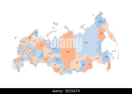 Russland politische Karte der administrativen Unterteilungen - Oblasten, Republiken, autonome Okrugs, Krais, autonome Oblast und zwei Bundesstädte Moskau und Sankt Petersburg. Farbenfrohe, handgezeichnete Karte im Doodle-Stil mit schwarzen Umrandungen und Namensschildern. Stock Vektor