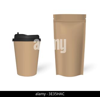 Kaffeetasse aus Kraftpapier mit Stehverschlusstasche mit Reißverschluss, Modell. Leerer Take Away Trinkbecher und Reißverschlusstasche, Modell. Vektorvorlage Stock Vektor