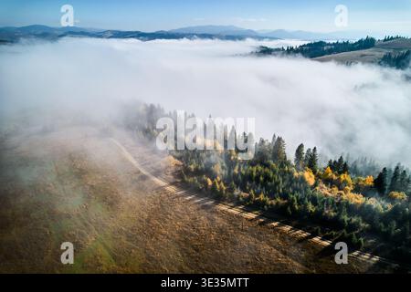 Atemberaubende Landschaft mit dichten Wäldern und sanften Hügeln, die teilweise von weichem, ätherischem Nebel umgeben sind. Leuchtende Herbstfarben von Bäumen stehen im Kontrast zum klaren blauen Himmel und den weit entfernten Berggipfeln. Stockfoto
