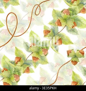 Nahtloses Muster in Herbst-Aquarellen mit Haselnüssen, grünen Blättern und Garnfäden. Botanisches Waldgestell für Textilien. Stockfoto