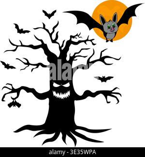 Vollmond und Fledermäuse. Halloween. Großer Baum mit Augen, Mund. Schwarze Silhouette Stock Vektor