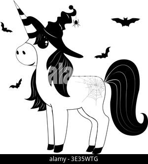 Einhorn im Hexenhut mit Spinnen- und Spinnennetz-Halloween-Thema. Für Ihr Design Stock Vektor