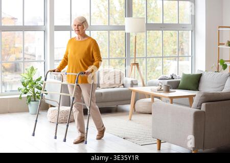 Ältere Frau mit Walker zu Hause Stockfoto