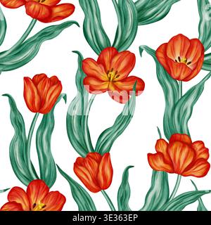 Nahtloses Aquarellmuster mit leuchtend roten Tulpen und grünen Blättern. Eleganter floraler Hintergrund für Frühlingsferien, Ostermotive, Textil und Verpackung Stockfoto