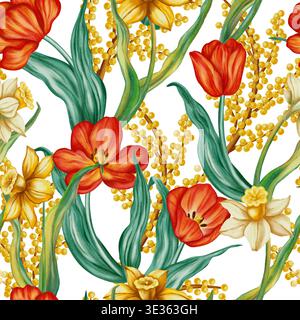 Nahtloses Aquarellmuster mit roten Tulpen, gelben Narzissen und Mimosa-Zweigen. Festlicher Frühling floraler Hintergrund für Ostergrußkarten, h Stockfoto