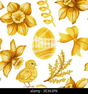 Leuchtendes, nahtloses Muster in Aquarellen mit gelben Narzissen, süßem Küken, Mimosa und gestreiftem Osterei. Festlicher Frühlingshintergrund für Urlaubspaket Stockfoto