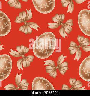 Nahtloses Aquarellmuster mit beigefarbenen Ostereiern mit Blumenmustern und passenden braunen Schleifen. Festlicher Frühlingshintergrund für Feiertagsverpackungen, t Stockfoto
