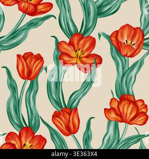 Nahtloses Aquarellmuster mit leuchtend roten Tulpen und grünen Blättern. Eleganter floraler Hintergrund für Frühlingsferien, Ostermotive, Textil und Verpackung Stockfoto