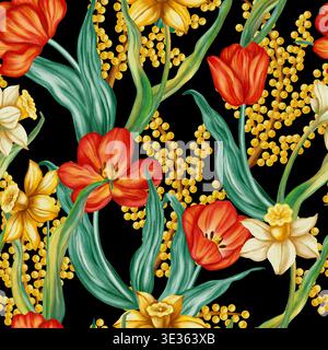 Nahtloses Aquarellmuster mit roten Tulpen, gelben Narzissen und Mimosa-Zweigen. Festlicher Frühling floraler Hintergrund für Ostergrußkarten, h Stockfoto