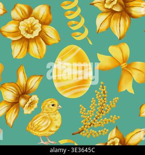 Leuchtendes, nahtloses Muster in Aquarellen mit gelben Narzissen, süßem Küken, Mimosa und gestreiftem Osterei. Festlicher Frühlingshintergrund für Urlaubspaket Stockfoto