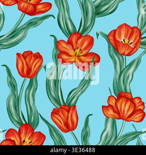 Nahtloses Aquarellmuster mit leuchtend roten Tulpen und grünen Blättern. Eleganter floraler Hintergrund für Frühlingsferien, Ostermotive, Textil und Verpackung Stockfoto