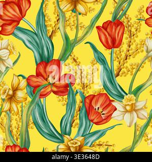Nahtloses Aquarellmuster mit roten Tulpen, gelben Narzissen und Mimosa-Zweigen. Festlicher Frühling floraler Hintergrund für Ostergrußkarten, h Stockfoto