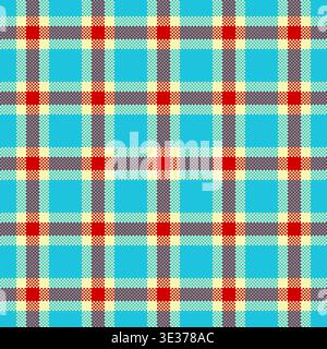 Dieses leuchtende, nahtlose Karomuster zeigt Cyanblau, kräftiges Rot und Creme. Dieser pixelförmige Schottenstreifen eignet sich ideal für digitale Hintergründe oder Textildesign Stock Vektor