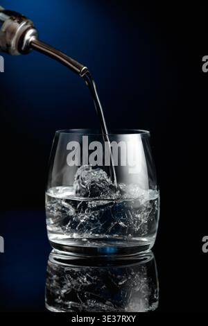 Kristallklarer Wodka oder Gin wird über Eis in ein Glas gegossen. Wodka mit Eis auf schwarzem reflektierendem Hintergrund. Stockfoto