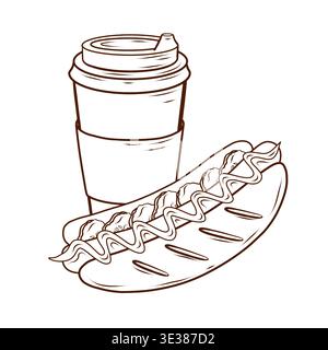 Hot Dog und Take-away Kaffeetasse gezeichnet in Gravurstil, monochrome Vektor-Fast-Food-Illustration, isoliertes Street Food Objekt, perfekt für Menü Desi Stock Vektor