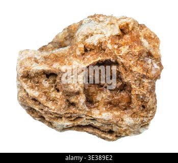 Makroaufnahmen von natürlichen Mineralien - Wulfenit-Kristallen auf Felsen isoliert auf weißem Hintergrund aus dem Ural Mountains Stockfoto