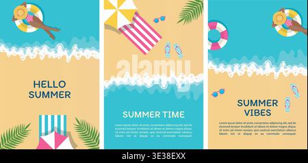 Summer Beach Poster Set mit tropischen Elementen, Ozeanwellen, entspannendem Urlaubskonzept, flaches Design Stock Vektor
