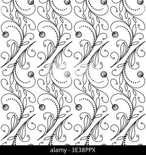 Nahtloses Schwarzweiß-Blumenmuster im klassischen Stil. Zartes Design mit Wirbeln und geschwungenen Linien. Minimalistische Blumen und Blätter. Ausmalseite Stock Vektor